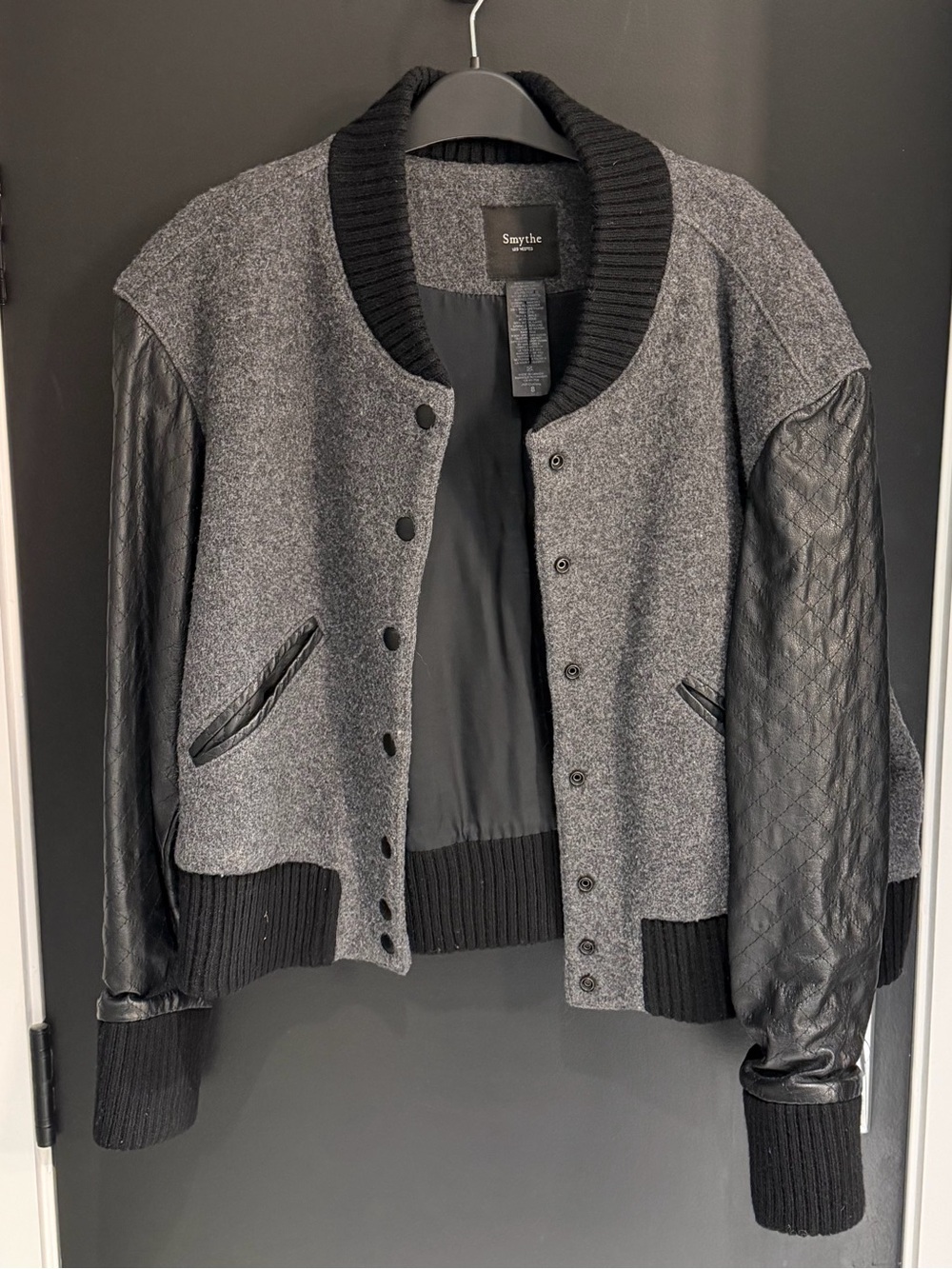 Smythe Gray Wool Bomber Jacket with Black Quilted Leather Sleeves